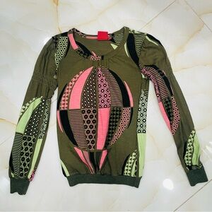 Oilily Hot Air Balloon Artistic Long Sleeve Top Olive and Pink Womens Size XS